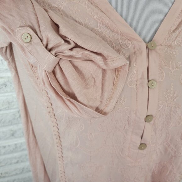 Democracy Womens Top XL Roll Tab 3/4 Sleeve Pink Embroidered Ric Rac PIN35E - Picture 5 of 9